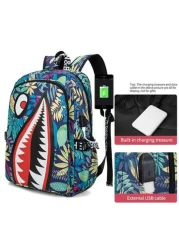 Men s Stylish Shark Mouth Print Backpack Shoulder Bag Contrast Color Letter Leaf Print Versatile College Bookbag All Over Random Print Large Capacity Lightweight Nylon Travel Bag Water Resistant Fits
