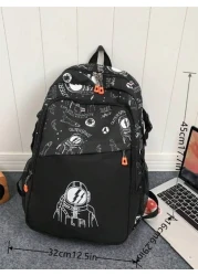 1pc Unisex Nylon Space Boy Printed Backpack With Letter Print Zip Closure Fashionable Casual Shoulder Bag For School