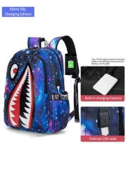 Men s Fashionable Starry Sky Print Backpack Stylish Shark Mouth Print Bookbag With Random All Over Print USB Charging Port Large Capacity Lightweight Nylon Travel Bag University Commute Backpack Fits