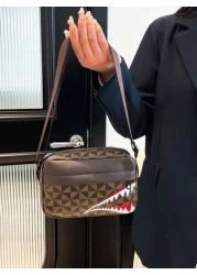 Fashionable Men s Casual Plaid Shoulder Sports Sling Bag Personality Small Square Men s Bag Business Personality Shark Mouth Anime Luxury Bags