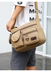 1Pc Khaki Canvas Shoulder Bag Large Capacity Multilayer Messenger Bag Student Travel Shoulder Bag Crossbody Bag Sling Bag For College School Lightweight Multifunctional Dad College Bag Freshman Multi