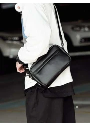 Korean Style Crossbody Bag Shoulder Bag Square Bag Random Vintage Windmill Print Color Block PU Leather Waterproof Multifunctional Casual Versatile Business College Student Men Sports Messenger Bag Gi