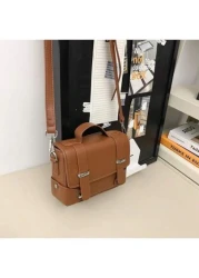 1pc Solid Black Brown Rivet Decor PU Waterproof Flap Closure Casual Men Shoulder Sling Bag Women Phone Purse Vintage Side Bags For Men