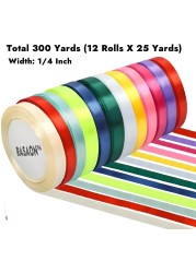 Satin Ribbon - 12 Rolls x 25 Yards (300 Yards Total) 1/4 Inch Wide Decorative Ribbon for Gift Wrapping, Crafts, and Party Decorations