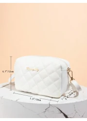 Quilted Zipper Square Bag Metal Letter Decor Shoulder Bag Adjustable Fashionable Girls Crossbody Bag Casual Phone Pouch