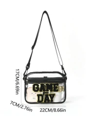 1pc Kids Cute Fashion Tpu Transparent Crossbody Bag Chenille Letters Embroidery Game Day Adjustable Shoulder Strap Zipper Closure Waterproof Simple Style Suitable For Going Out And Daily Commuting Hol