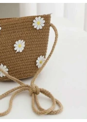 1pc Kids Cute Straw Daisy Shoulder Crossbody Bag Suitable For Daily Outings