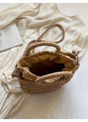حقيبة قش مزينة بأزهار اصطناعية، حقيبة نسائية على شكل هلال، حقيبة يد قابلة للحمل عبر الجسم، حقيبة للشاطئ