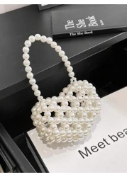 1pc Girls Heart Shaped Handbag With Faux Pearl Decoration Handmade Beaded Accents Open Top Design Suitable For Festival Gift Or Spring Summer Daily Dressing Matching