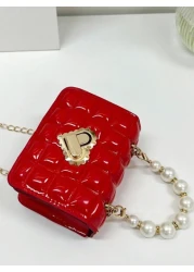 Mini Faux Pearl Decor Quilted Chain Crossbody Bag Quilted Square Bag With Faux Pearl Top Handle Chain Shoulder Purse Gift Holiday Vacation Perfect Fit Perfect For Shopping Traveling Fashionable Simple