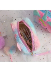 حقيبة مستحضرات تجميل من القطيفة على شكل وحيد القرن الكرتوني ذات عيون كبيرة، حقيبة يد لطيفة للفتيات لمستلزمات