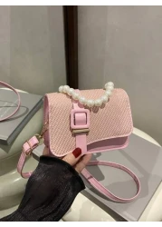 1pc Pu Fashion Splicing Pearl Chain Handbag Korean Princess Fashion Small Square Bag Flip Magnetic Buckle Closure Strap Decoration Niche Design Suitable For Daily Use When Shopping Sweet And Literary