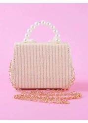1pc Girls Pearl Decorated Bow Accent Straw PU Material Flap Closure Fashionable Pearl Handle Crossbody Bag Princess Handbag Accessory Suitable For Summer Everyday And Festive Use