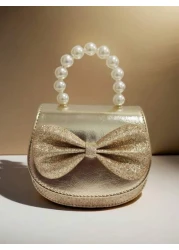 Children s Fashionable Pearl Handbag Holiday Gift PU Leather Butterfly Decor Round Pouch Stylish Princess Mini Purse For Girls