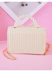 1pc Mini Kids Crossbody Bag Beige Woven Bag With Hanging Beads Bowknot Decor Metal Chain And Buckle Closure With Pearl Handle Suitable For Girls Casual Use Festivals And Daily Life