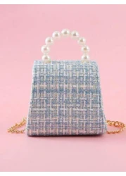 1pc Mini Girls Large Fabric Bow Letter Pearl Rhinestone Decor PU Flap Closure Metallic Chain Strap Casual Cute Pearl Handbag Children s Princess Crossbody Bag For Outings Suitable For Holidays And Dai