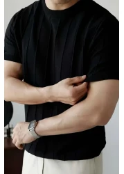 COOL TARZ تي شيرت محبوك برقبة دائرية للرجال باللون الأسود الحي