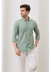 RAVANELLI Sarte - Men's Khaki Slim Fit Slim Fit Button Collar Linen Look 100% Cotton Flared Shirt