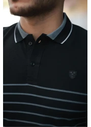 Miron Black Striped Polo Neck Short Sleeve T-Shirt-2515