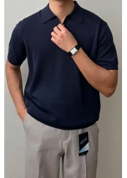 Tarz Cool تي شيرت تريكو رجالي باللون الأزرق الداكن بأكمام قصيرة وياقة بولو