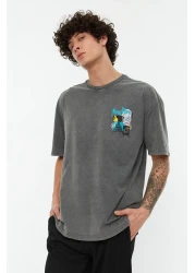  Collection Anthracite Crew Neck Oversize Printed T-Shirt - Short Sleeve, Acid Washed Tmnss22Ts0838