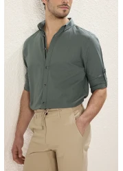  Collection Dark Green Slim Fit Epaulettes Shirt - Long Sleeve, 100% Cotton, Tmnss20Go0189