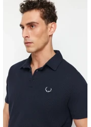  Collection Navy Blue Textured Embroidered Polo Collar T-Shirt - Regular Cut TMNSS24PO00046