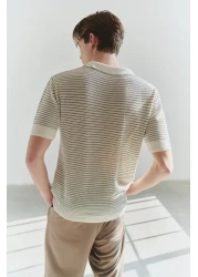  Collection Limited Edition Beige - Khaki Striped Relaxed Short Sleeve Polo Neck Knitwear T-Shirt Tmnss23Po00026