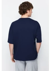  Collection Navy Blue Oversize Crew Neck 100% Cotton T-Shirt - TMNSS22TS0318