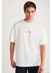 GRIMELANGE Vıto Men's - Embroidery Text Detailed, 100% Organic Cotton, Oversize Short Sleeve White T-Shirt