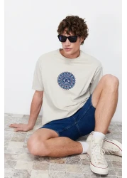  Collection Beige Back Printed Wide Cut Cotton T-Shirt - Tmnss22Ts1632