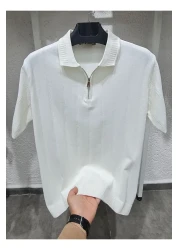 ZENGOLL & RAMİRES تي شيرت رجالي أبيض بسحاب وياقة بولو