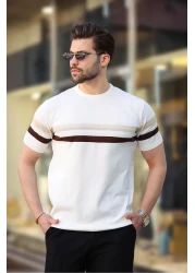 Madmext White Crew Neck Striped Men's T-Shirt E7412
