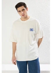 Trendyol Collection Unisex Ecru Oversize Printed Cotton T-Shirt - Tmnss25Ts00031