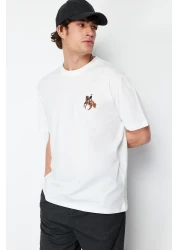  Collection Ecru Animal Embroidery Oversize Cotton T-Shirt - Short Sleeve Tmnss24Ts00089