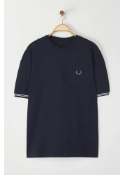  Collection Navy Blue Embroidered Oversize Knitwear T-Shirt - Tape Detail, Textured Tmnss25Ts00019