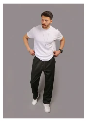 INFLUYENTE Men's Black Baggy Cut Pique Fabric Waist Elastic Pocket Detailed Trousers Sweatpants