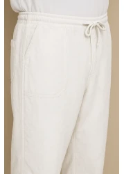 Royalside بنطال رجالي من الكتان الأبيض فضفاض برباط