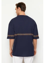  Collection Navy Blue Oversize Embroidered Cotton T-Shirt - TMNSS21TS1889