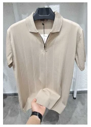 ZENGOLL & RAMİRES تي شيرت رجالي باللون البيج بسحاب وياقة بولو