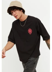  Collection تي شيرت قطني أسود كبير الحجم مطبوع هندسيًا - TMNSS21TS1062