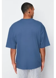  Collection Indigo Oversize Crew Neck 100% Cotton T-Shirt - Minimal Text Printed TMNSS23TS00084