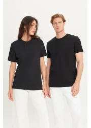 AC&Co / Altınyıldız Classics تي شيرت أساسي للرجال/للجنسين باللون الأسود مصنوع من القطن بنسبة 100% وقصة ضيقة وياقة دائرية