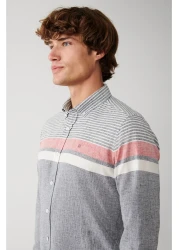 Avva Men's Navy Blue Cotton Linen Blended Striped Shirt A31Y2264