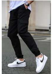 Madmext بنطال كارجو جيب أسود للرجال 5447