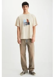 GRIMELANGE Lexoro Men's 100% Cotton Crew Neck Printed Beige T-Shirt