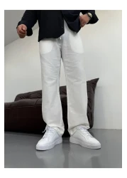 Oliggopol بنطال كتان أبيض بخصر مطاطي وفضفاض للرجال