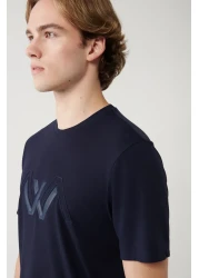 Avva تي شيرت رجالي باللون الأزرق الداكن برقبة دائرية وطبعة ناعمة الملمس A41y1037