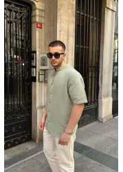 Livio Ferri قميص Mingan رجالي صيفي من القطن بياقة واسعة وأكمام قصيرة وأزرار مريحة