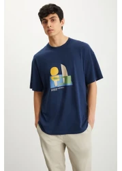 GRIMELANGE RAMADANP007 Men's 100% Cotton Crew Neck Printed Navy Blue T-Shirt